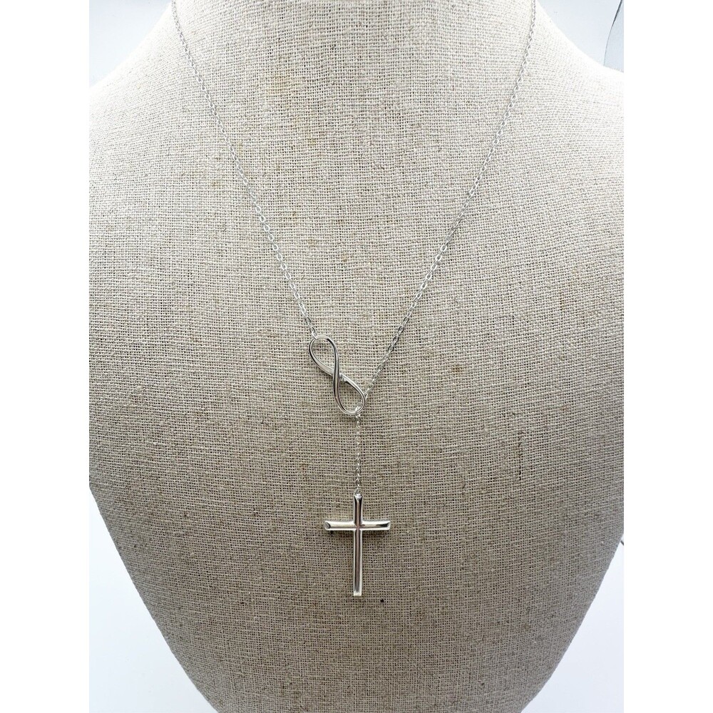 925 Sterling Silver Infinity Symbol Cross Lariat Y Chain Necklace 18”